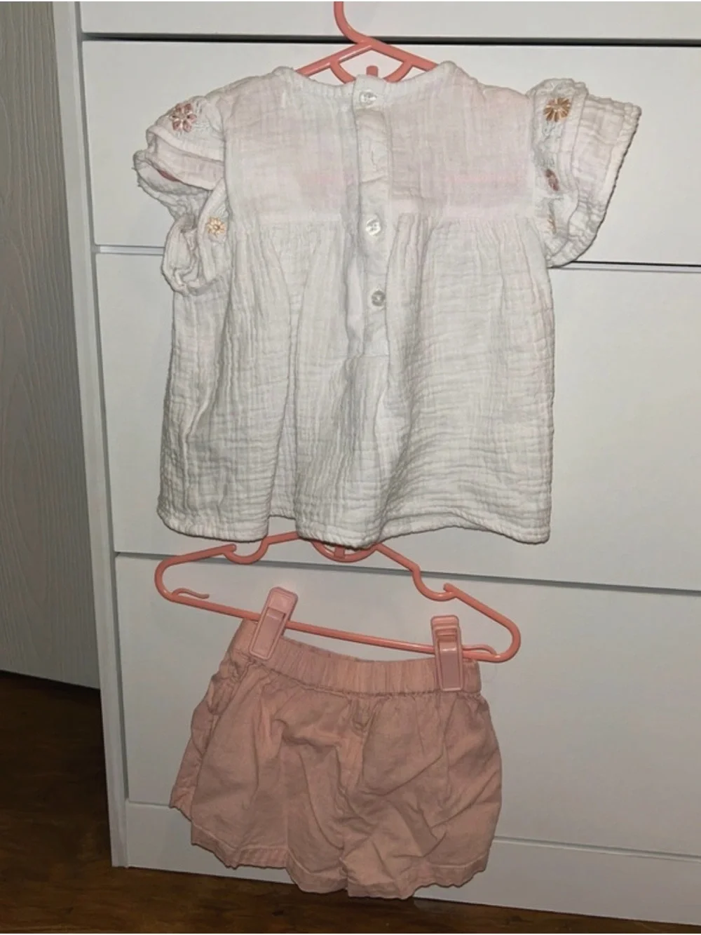 Primark White Top with Pink Embroidered Flowers and Pink Shorts Set
